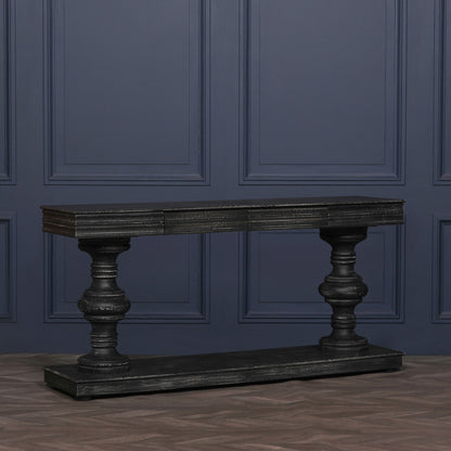 180Cm Black Distressed Console Table With Drawers