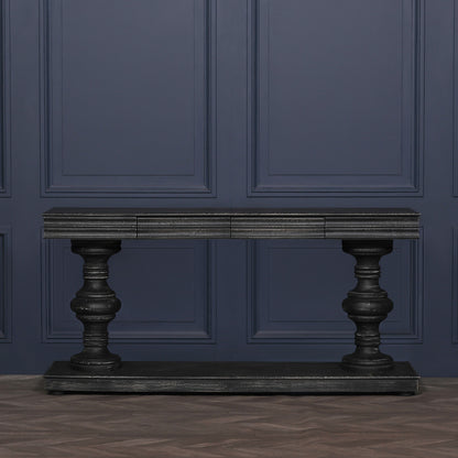 180Cm Black Distressed Console Table With Drawers